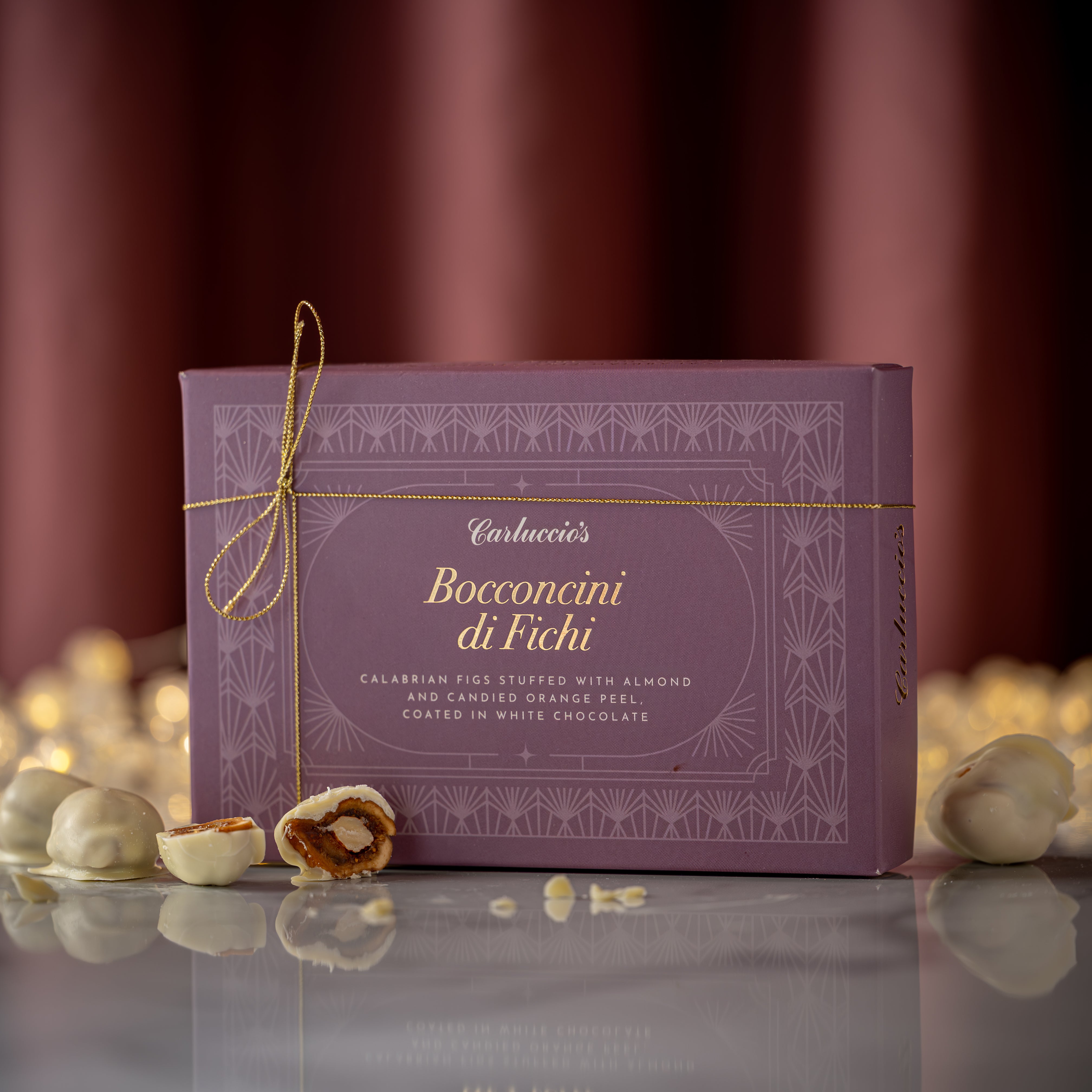Bocconcini di Fichi - Calabrian Figs Stuffed with Almond and Candied Orange Peel, Coated in White Chocolate, 200g