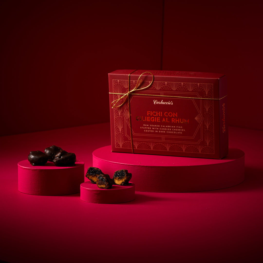 Fichi con Ciliegie al Rhum - Rum soaked Calabrian figs stuffed with cherries, coated in dark chocolate, 200g