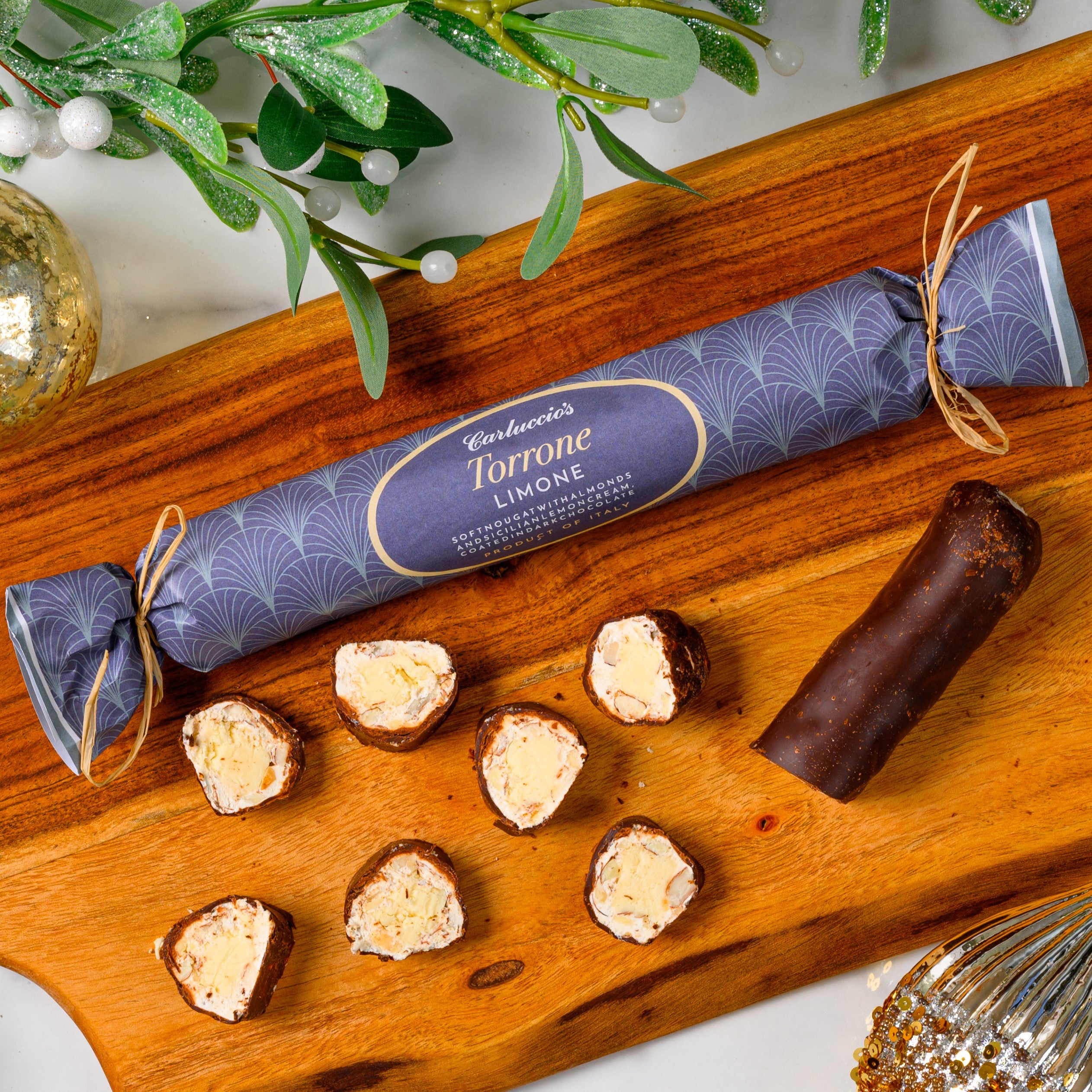 Torrone Limone - Soft nougat with almonds,  filled with Sicilian lemon cream,  covered in dark chocolate, 150g